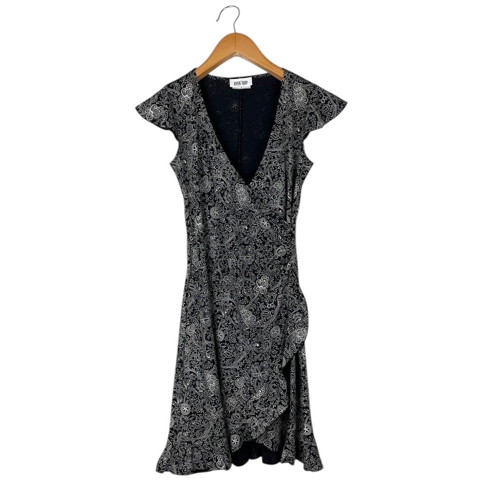 Vintage Y2K Byer Too! Women’s Medium Black White Floral Paisley Faux Wrap Dress